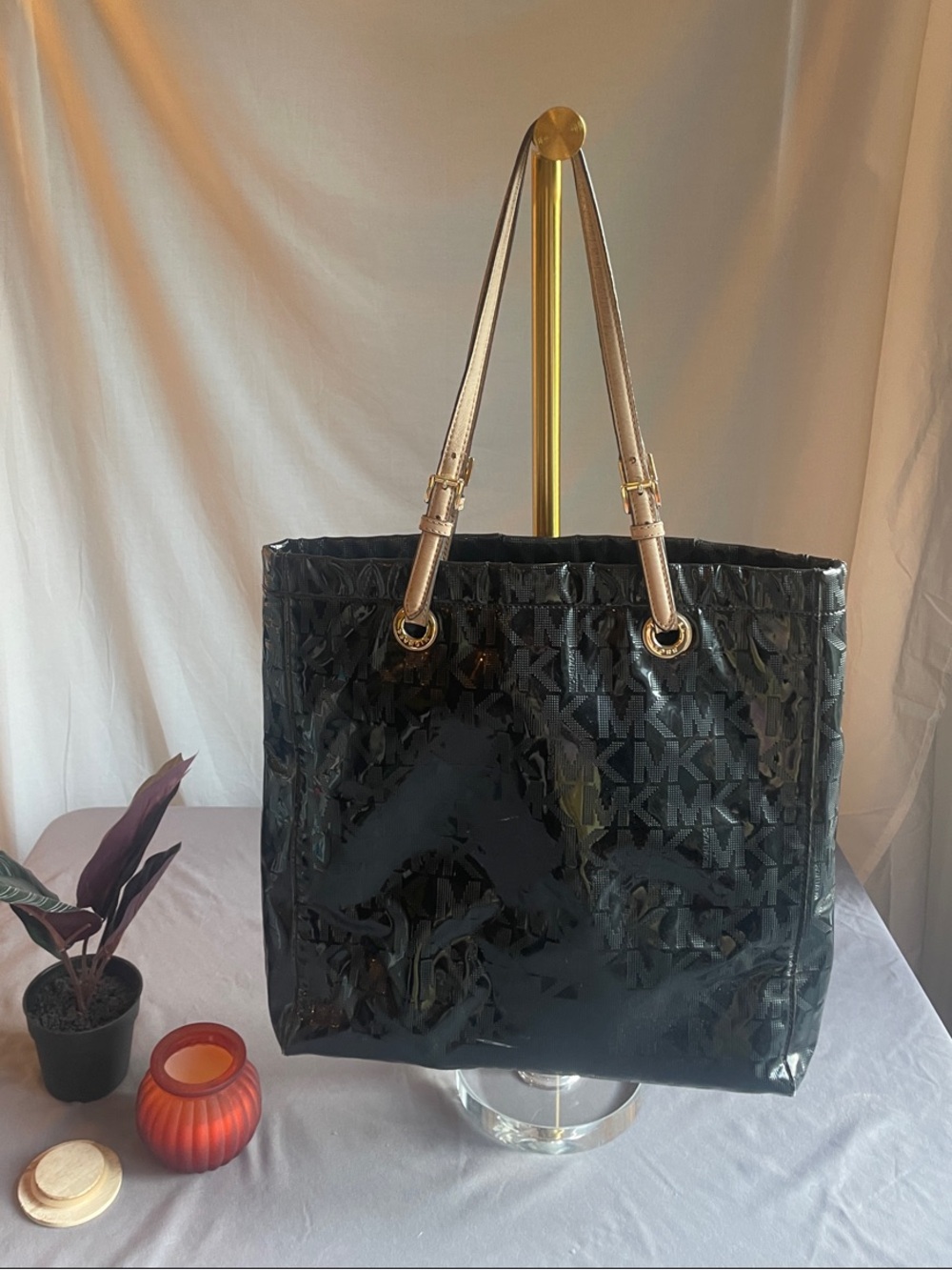 Michael Kors Black Patent Tote with Taupe Straps